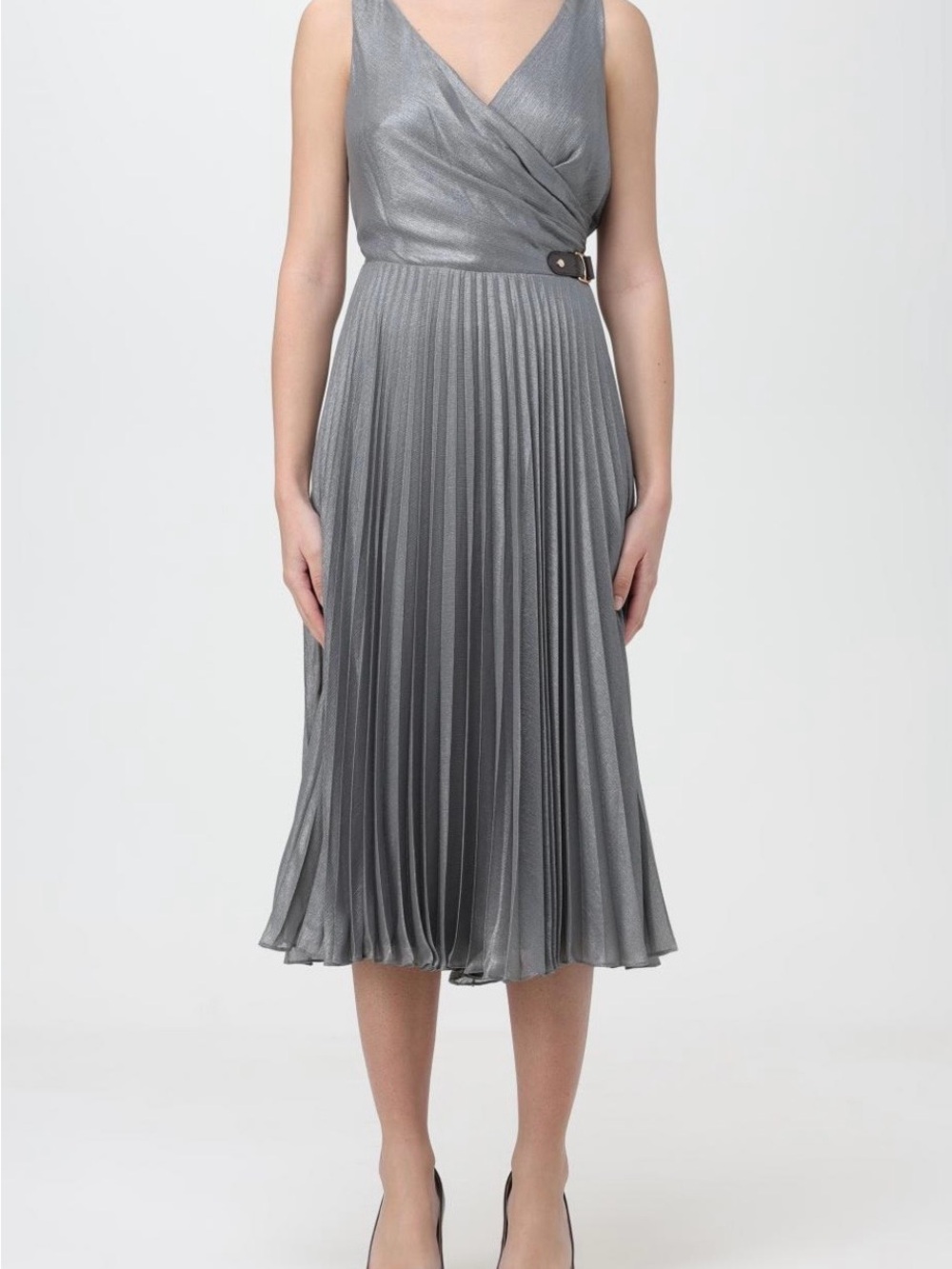 New Lauren Ralph Lauren Metallic Silver Pleated Wrap Midi Dress Sz 4